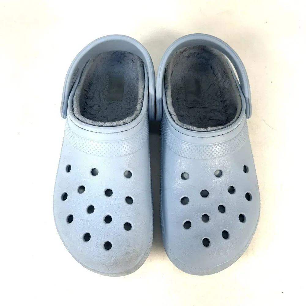 Crocs Classic Lined Mens 9 Womans 11 Faux Fur Slip On Clog Sandal Light Blue